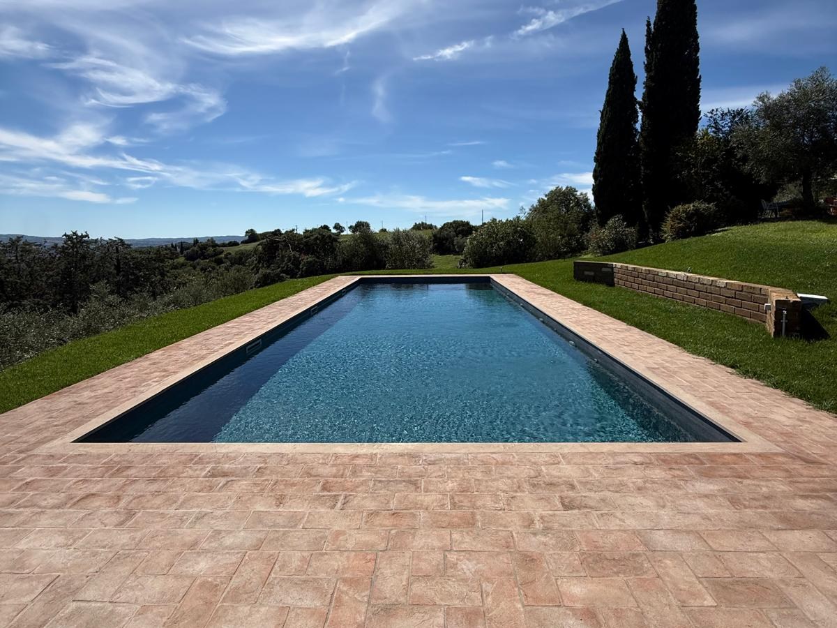 The private saltwater pool looking out over olive trees and the valley beyond