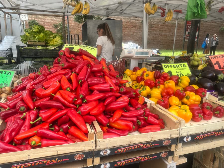A market stall piled with red and yellow peppers