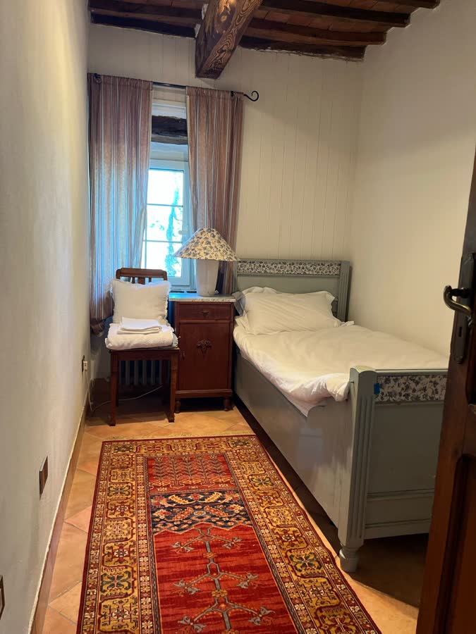 Single bedroom with a painted bed, a rug and a window over the fields