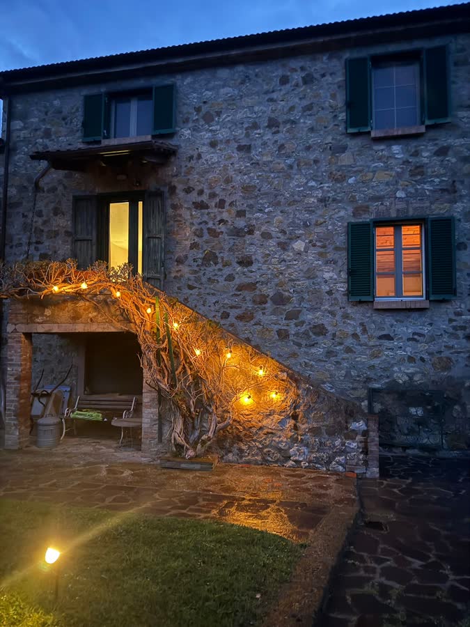 Stone façade at dusk with warm lights strung along the vine