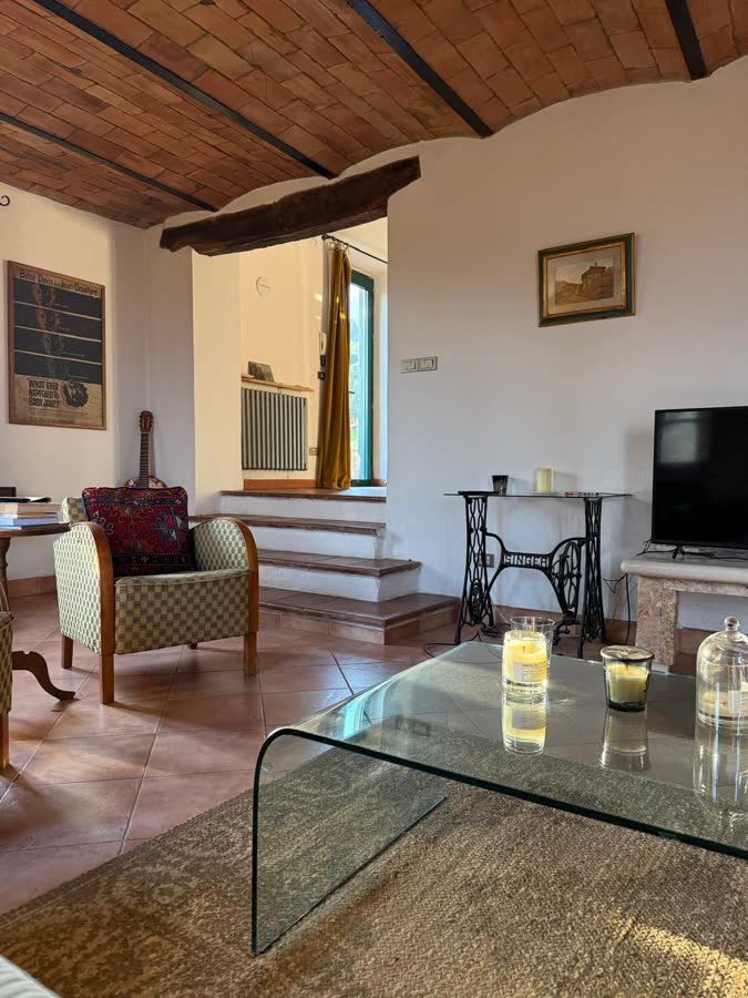 Sitting area with armchairs, a glass table and a television