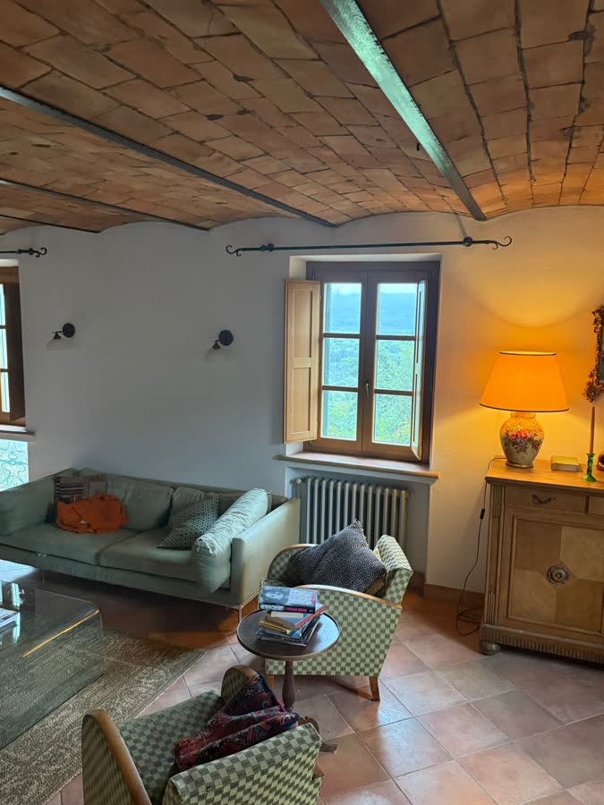 Sitting room with vaulted brick ceiling, sofa and open shutters